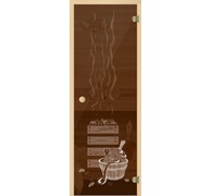 Дверь для бани АКМА Light Кноб 7х19 (бронза с рисунком Банька, 6 мм, коробка хвоя, арт. 310Р)