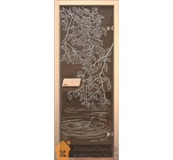 Дверь для сауны АКМА NARVIA 7х19 (серая с рисунком Берёзка, 8 мм, коробка сосна 92 мм, арт. ДС327)